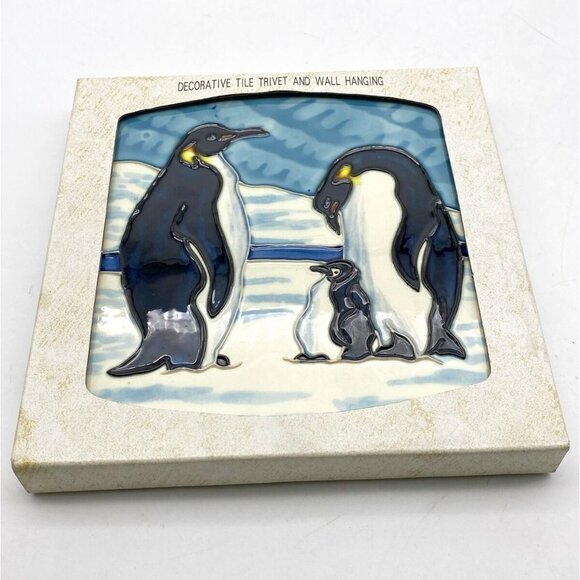 Art Tile Decorative Trivet Hanging Wall Penguins raise relief handpainted 8 x 8 - Picture 1 of 10